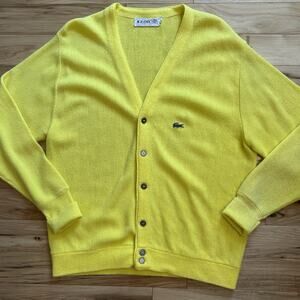 Vtg Izod of London Cardigan Sweater L Yellow USA Alligator Buttons Grandpa